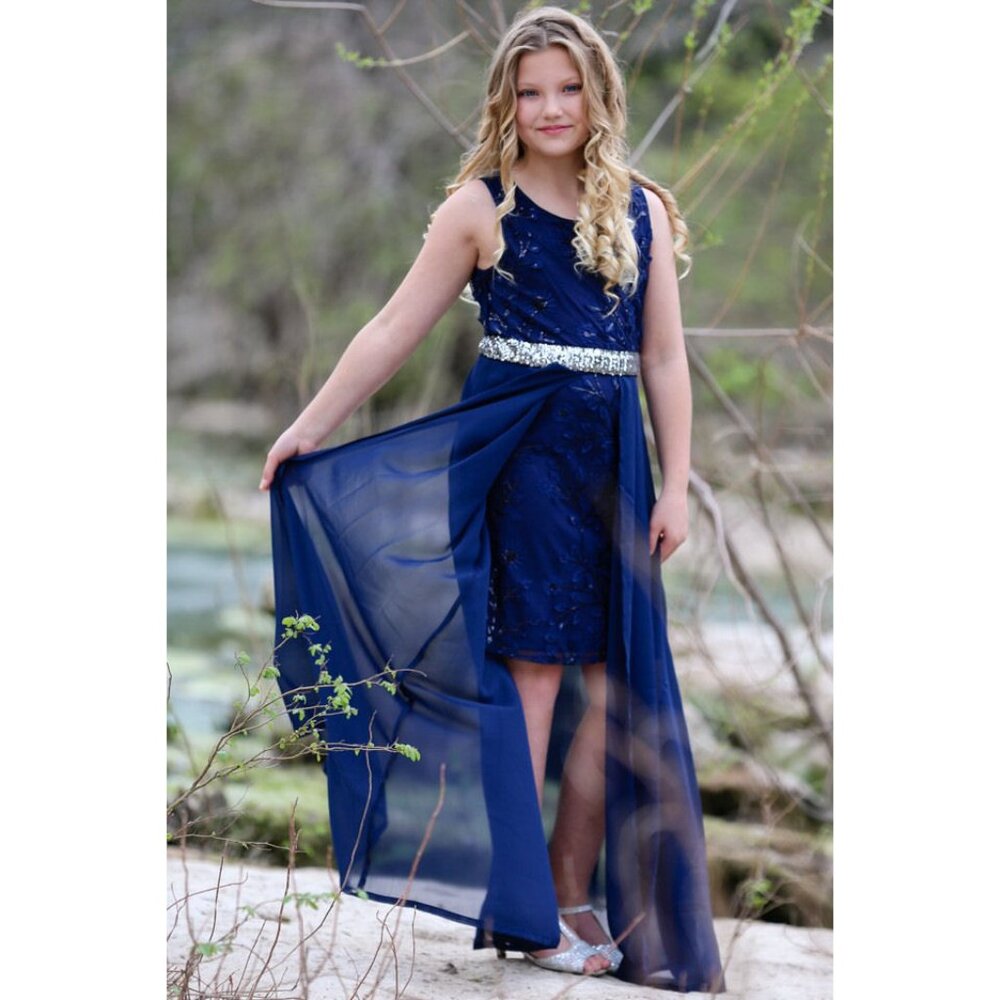 Hannah Banana Navy Chiffon Overlay Tween Maxi Dress NWT 14 16‎